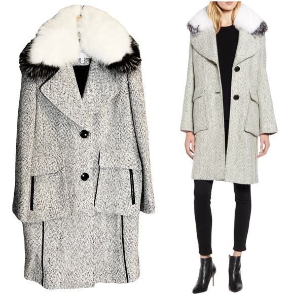 DEREK LAM 10 CROSBY Tweed Coat Wool Fur Collar Pockets White Black Designer 8
